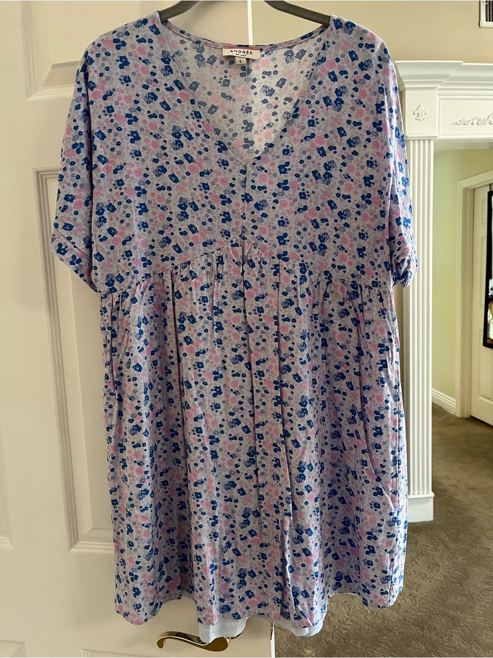 Andree by Unit Floral V-Neck Babydoll Dress - Lavender with Blue & Pink Print